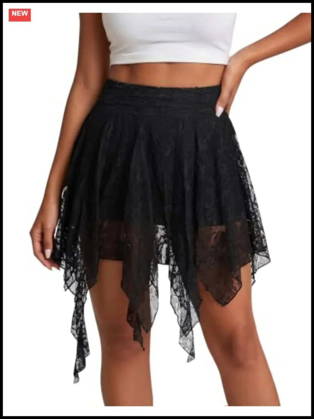 Women's High Waisted Lace Mini Skirt, Asymmetrical Ruffle Hem, Boho Renaissance